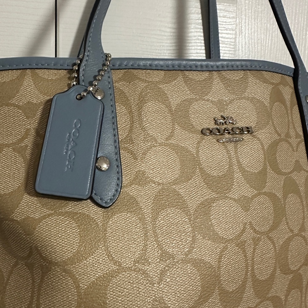 Coach Beige Signature Tote with Light Blue Trim - Picture 3 of 6